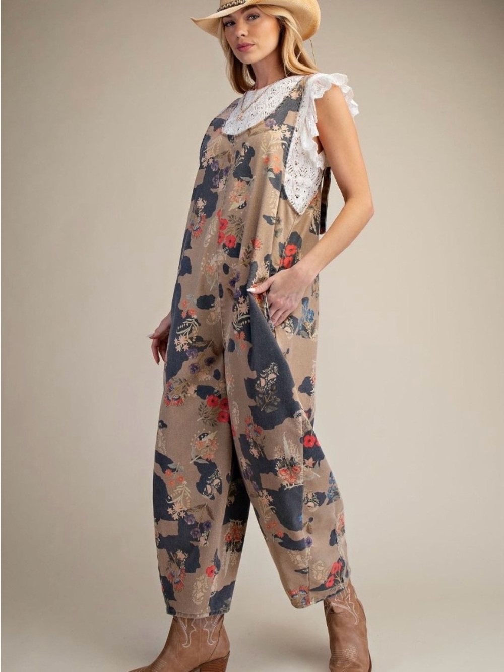 Easel Floral Beige Wide-Leg Overalls - Picture 3 of 5